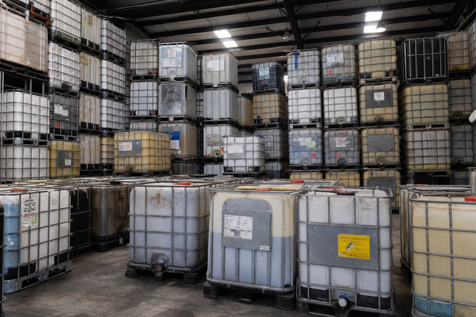 Warehouse full of reconditioned IBC totes ready to ship