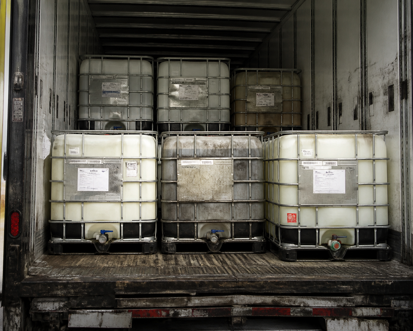 IBC totes loaded and secured inside a freight trailer