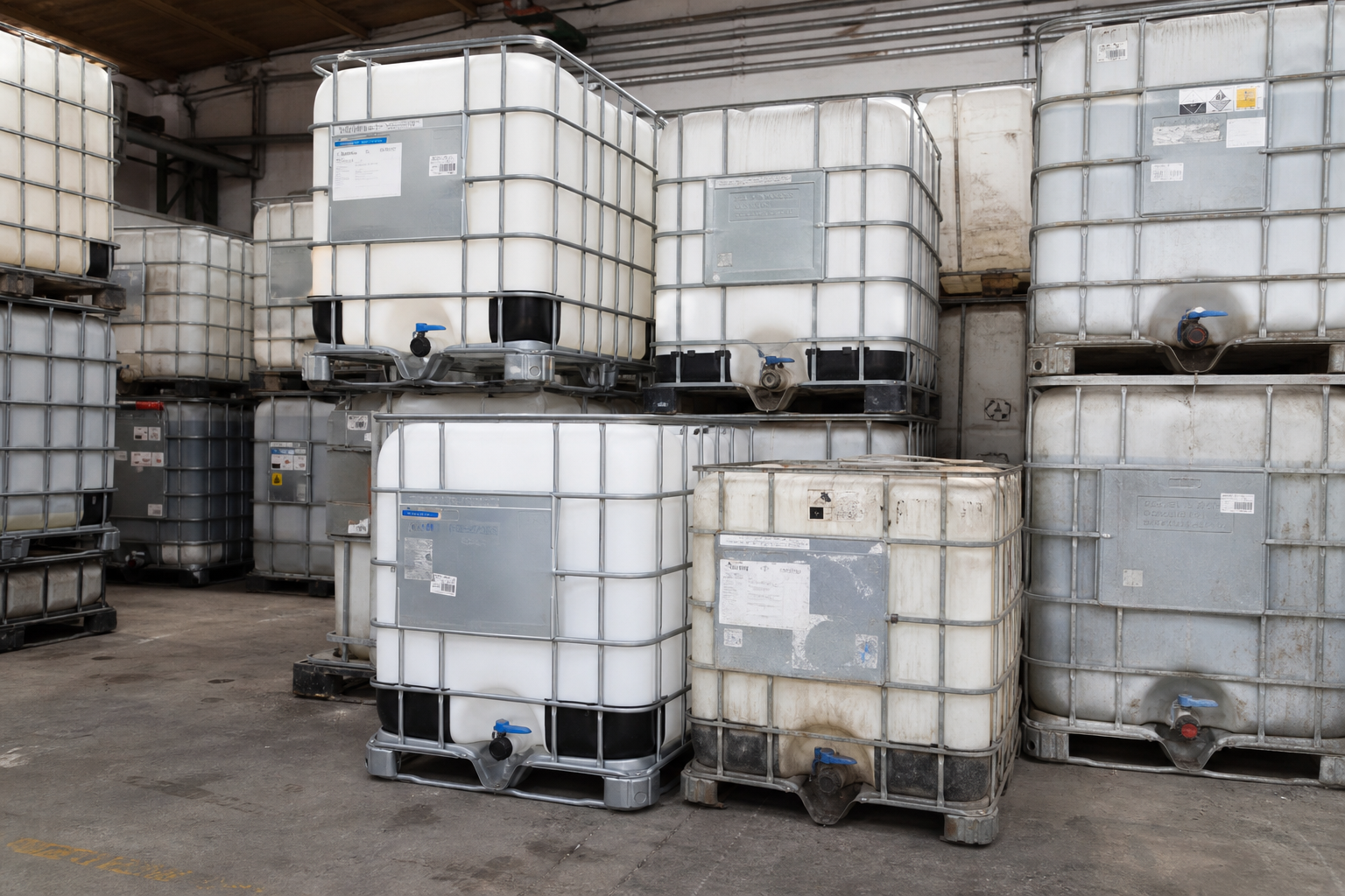 IBC totes stacked at the IBC Tote Solutions facility in Berea, Ohio
