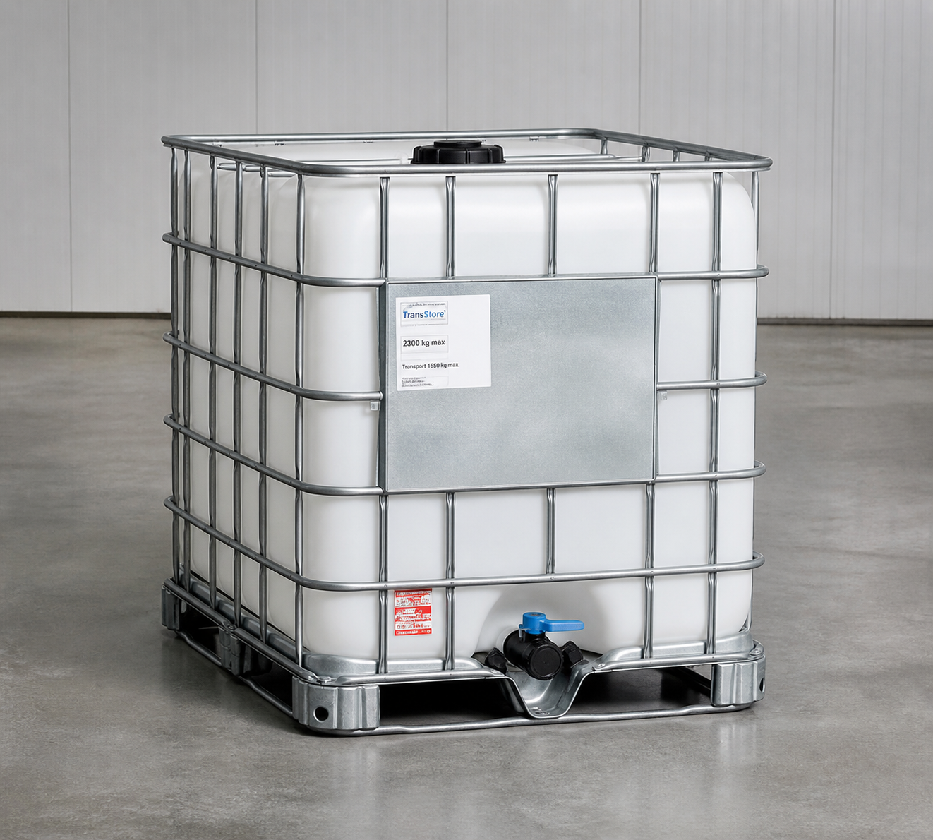 Close view of an IBC tote showing the outlet valve, cage and pallet
