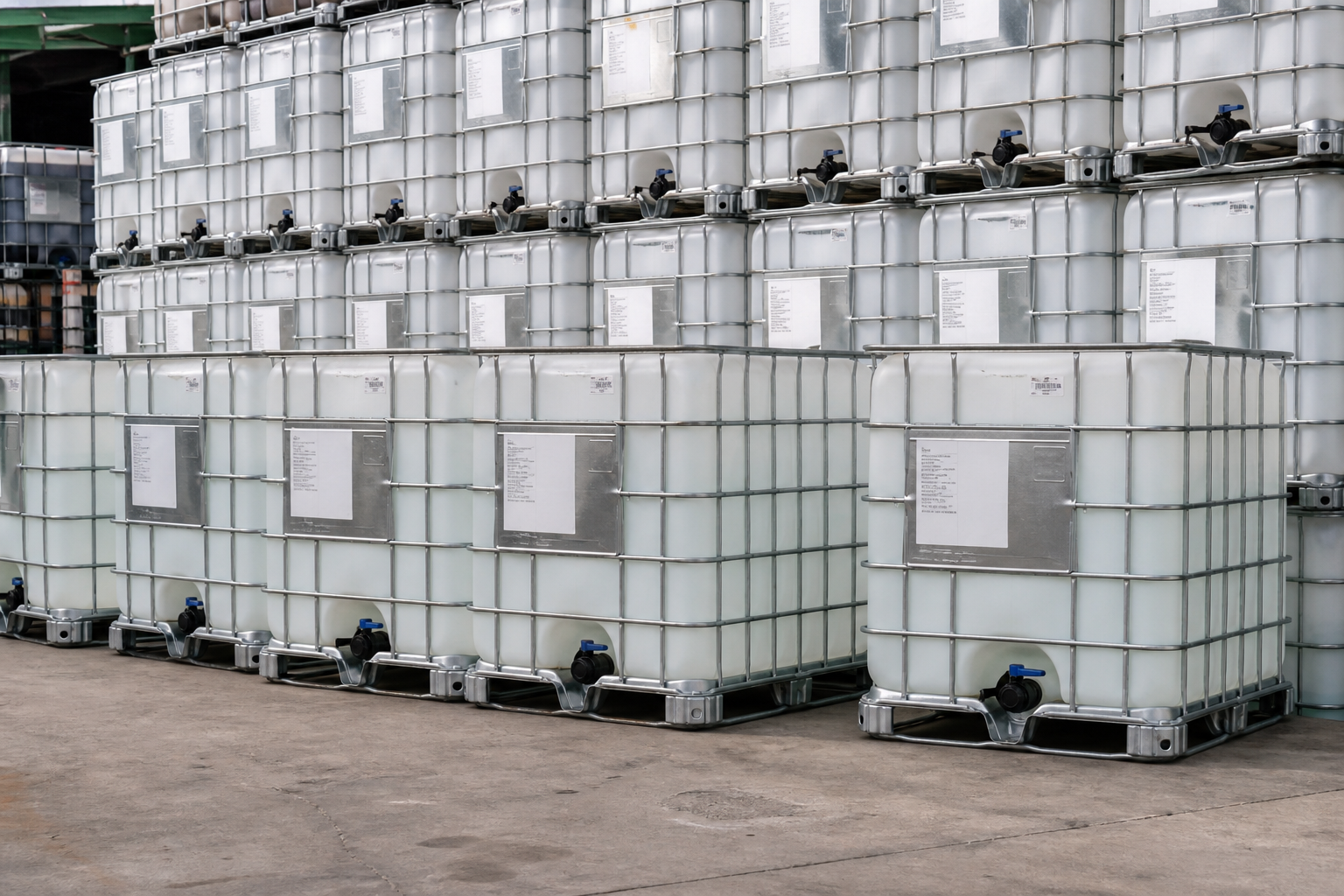 Rows of used IBC totes in the yard